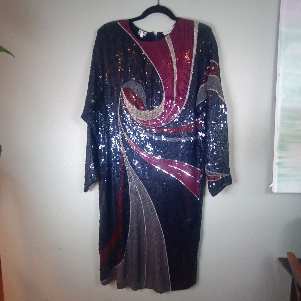 Vintage Martha Silk Sequined Beaded Blue Purple Silver Long Sleeve Midi Dress 10